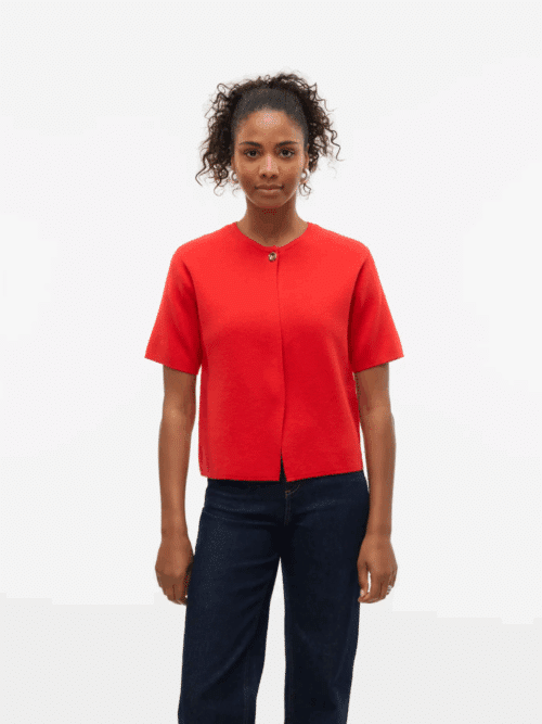 vmGold SS O-Neck One Button Cardigan Fiery Red